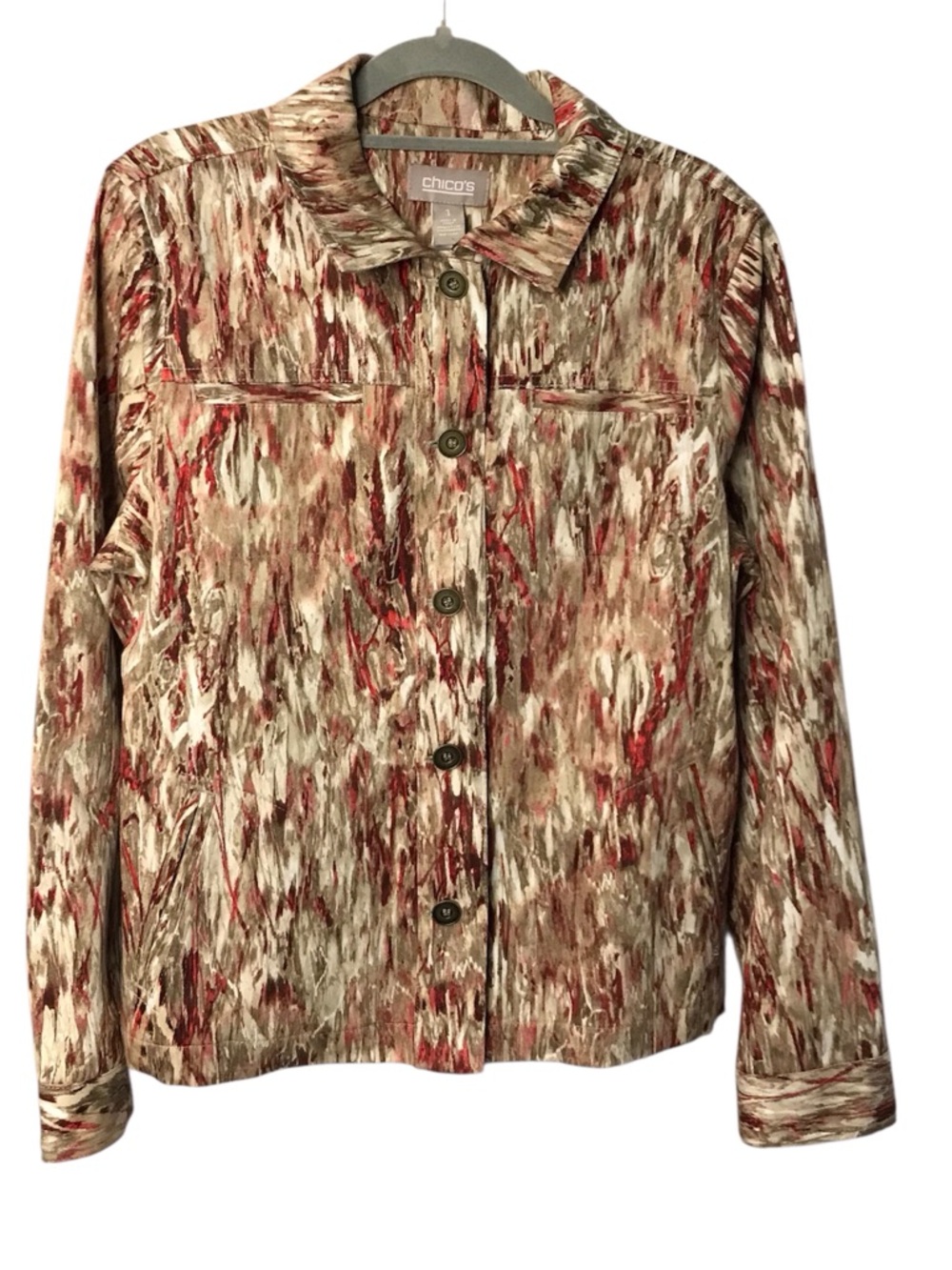 Chico's Multicolor Abstract Button-Front Jacket in Beige, Red & Brown